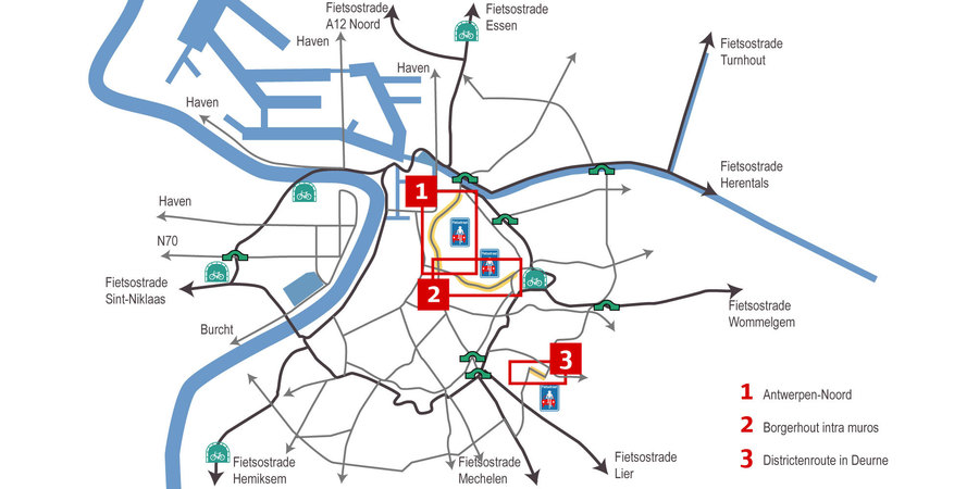Kaart met overzicht van de huidige fietsroutes en aanduiding van de drie gebieden. Kaart met overzicht van de huidige fietsroutes en aanduiding van de drie gebieden.